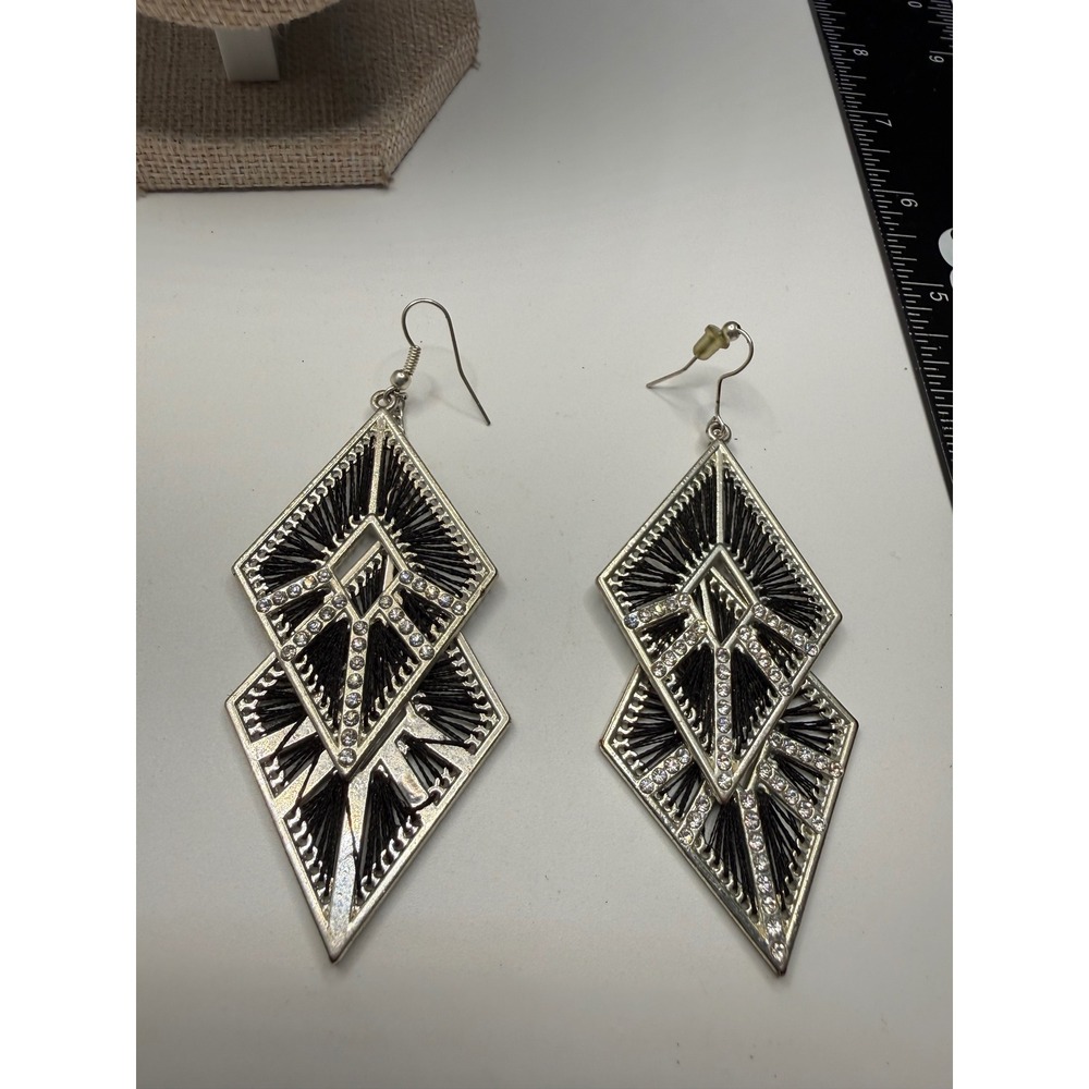 Silver Tone Black Thread Wrapped Geometric Diamond Drop Earrings Rhinestone Deco